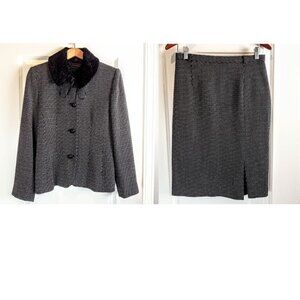 Vintage Louben Black Grey Wool Detachable Collar Skirt Suit